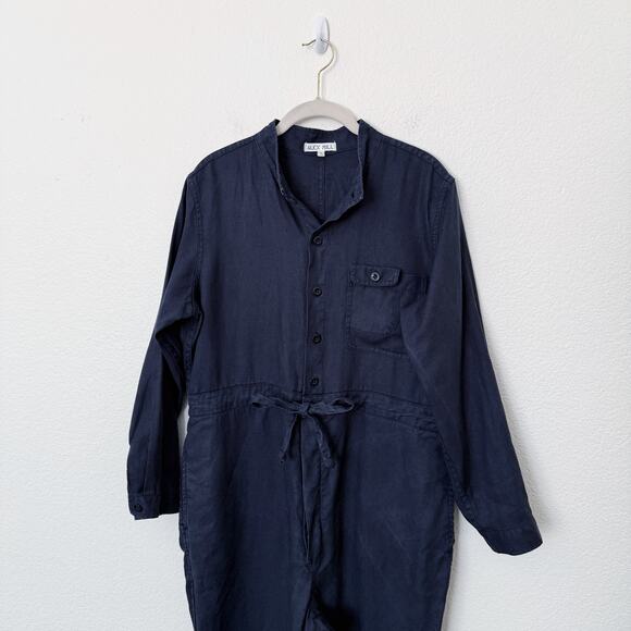 [Alex Mill] Navy Blue 100% Linen Logan Straight Leg Tie Waist Jumpsuit Sz Large - Picture 4 of 11